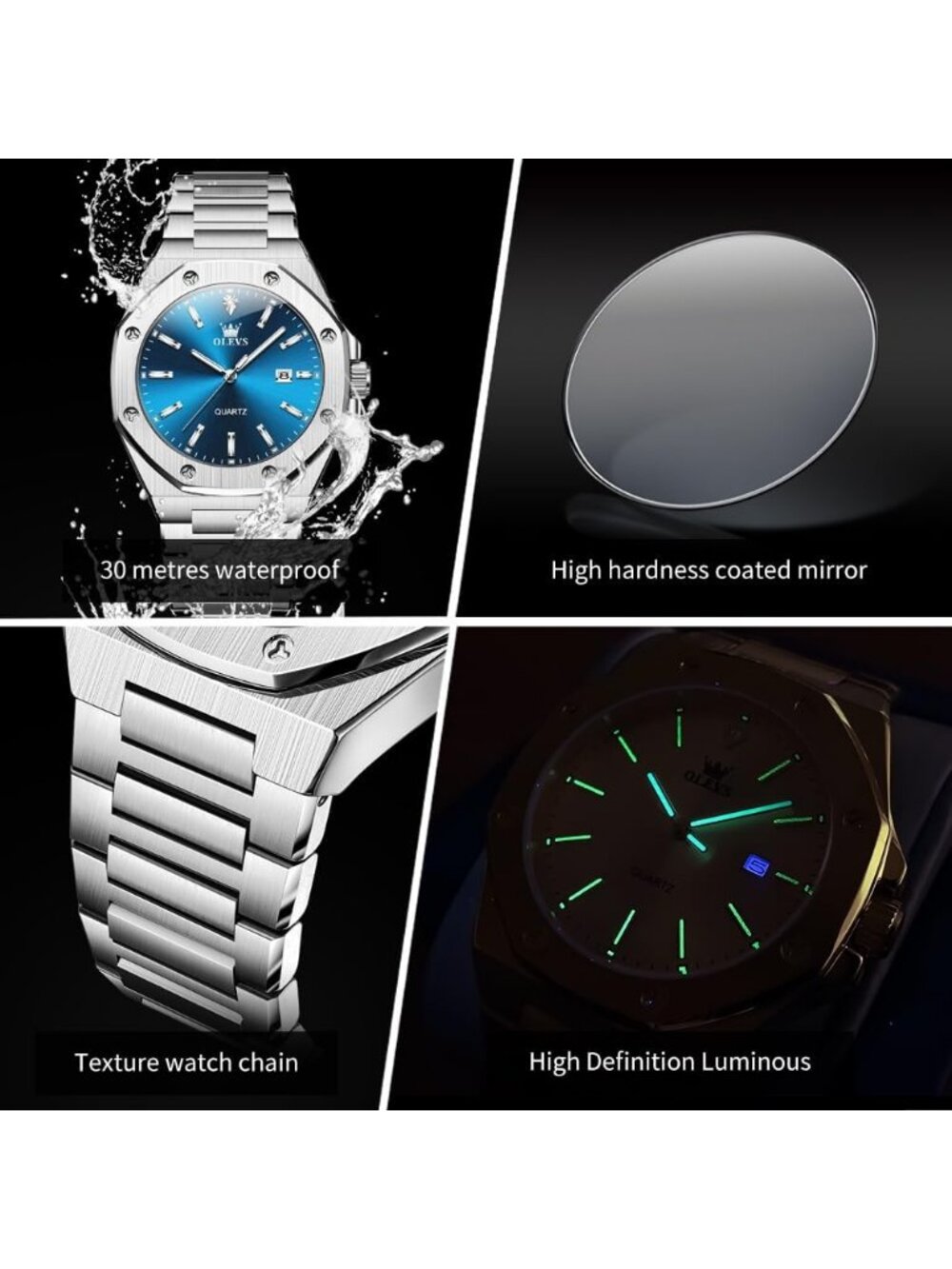 Men's Silver Blue Luxury Stainless Steel Octagon Analog Quartz Waterproof Watch - Picture 4 of 6